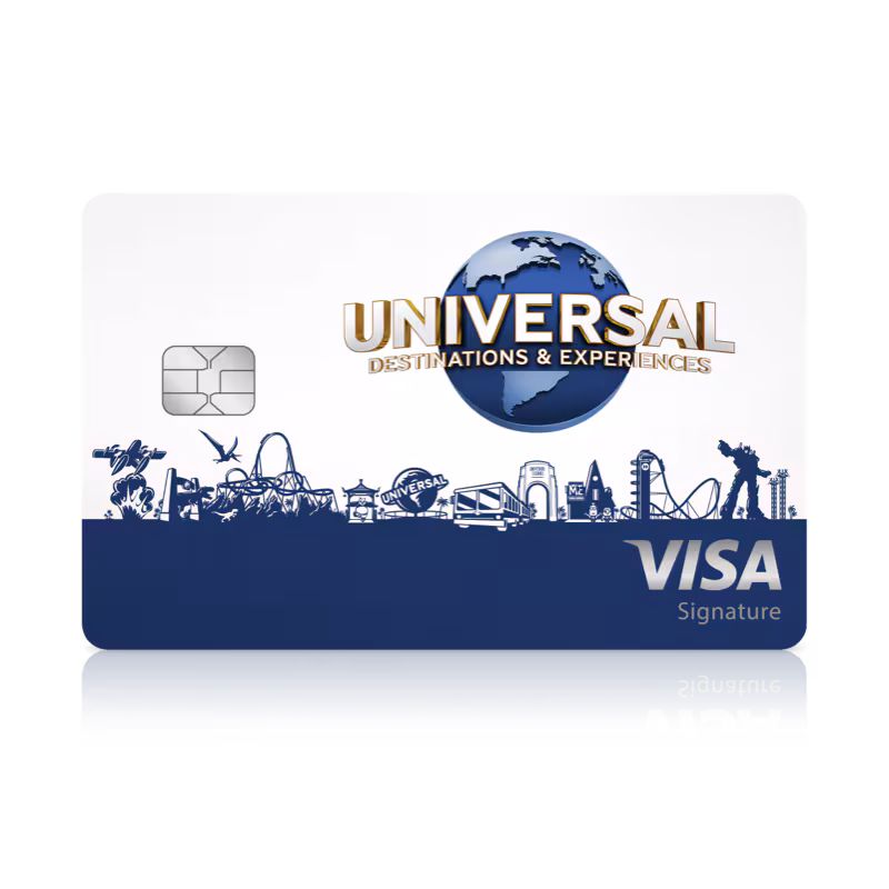 Universal Visa Signature card with a blue landscape view of the theme park