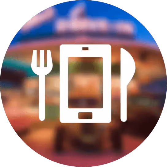  Image of the Universal Mobile Food and Drink Ordering icon overlaying a blurred image of Mel’s Diner.
